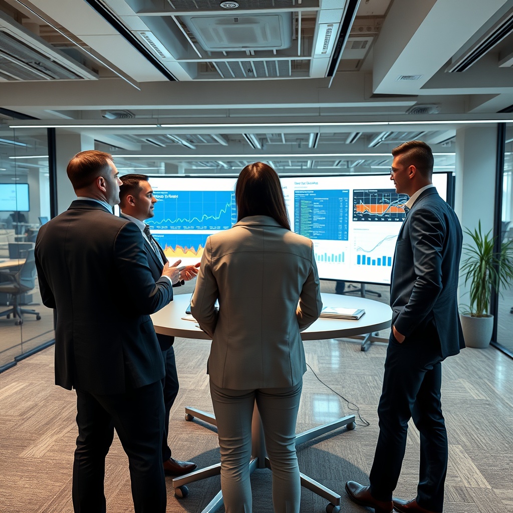 A strategic planning session in a modern office, with professionals discussing advanced FinTech strategies over digital screens displaying big data analytics.
