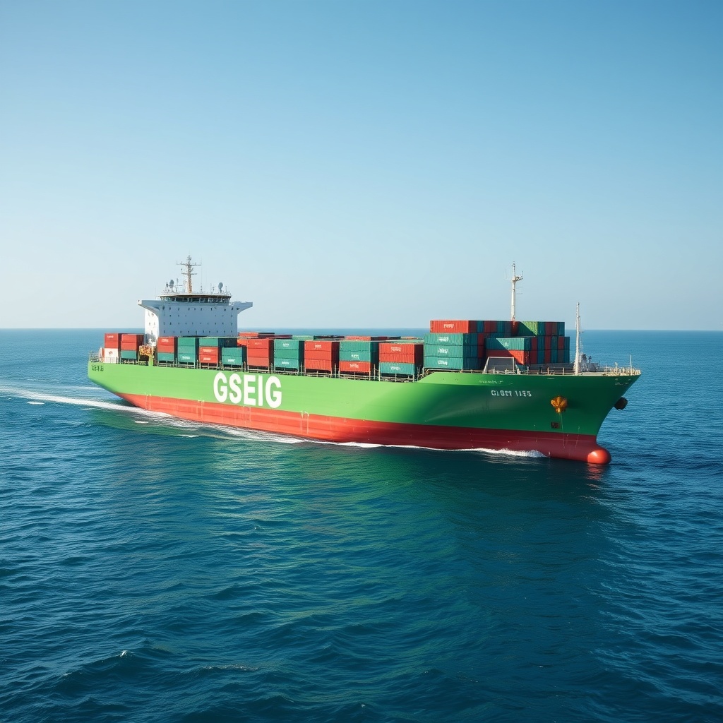 A green cargo ship sailing in clear blue waters, symbolizing the shift towards sustainability and green financing in the European shipping industry.