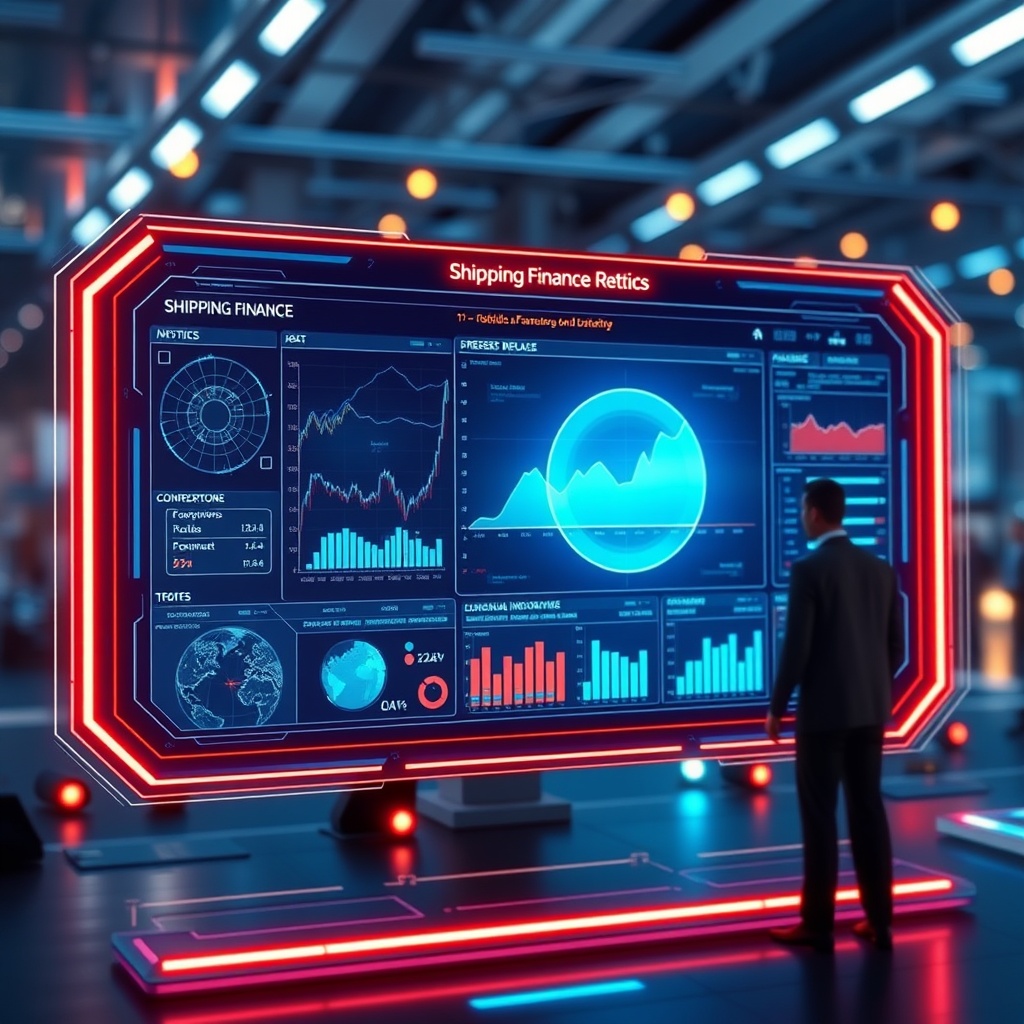 A futuristic digital interface displaying shipping finance data and analytics, representing the technological advancements and legal frameworks shaping the future of European shipping finance.