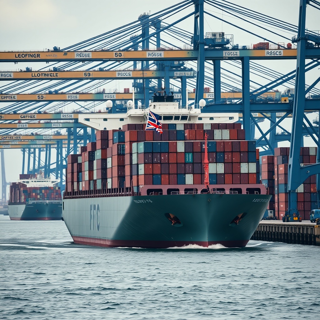 A high-quality stock image of a container ship navigating through a busy European port, with a focus on the ship's flag and the port's regulatory signage, highlighting the impact of Brexit on shipping finance.