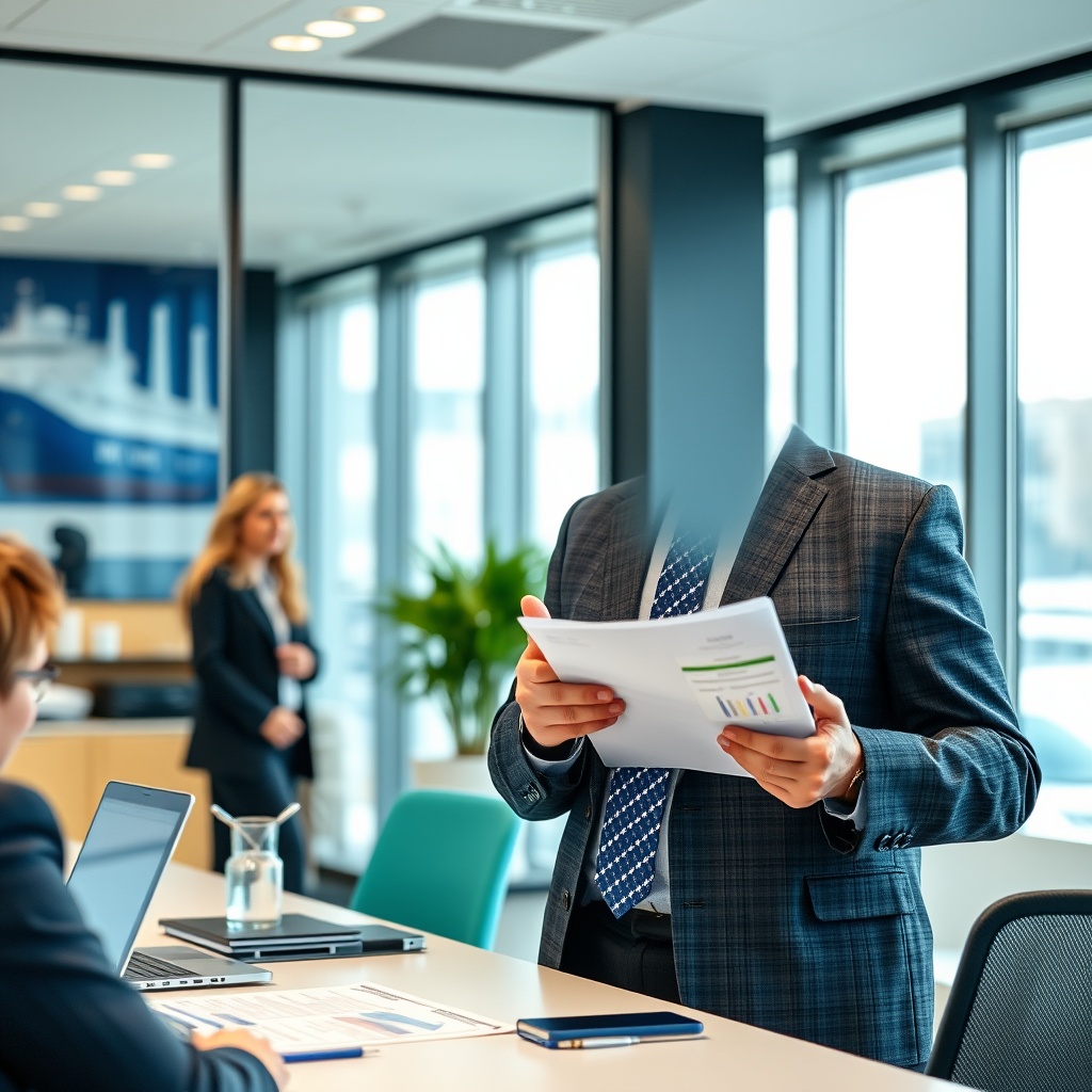 A high-quality stock photo showing a European Export Credit Agency official presenting financial tools and resources to maritime industry professionals in a modern office setting.