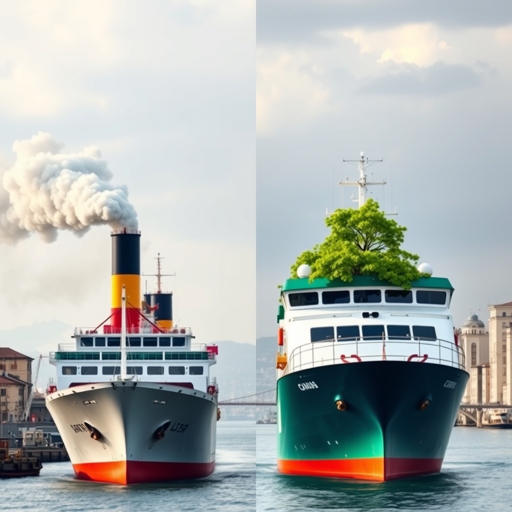 A professional stock photo depicting a split-screen comparison of traditional and green shipping finance models, with one side showing a smoky industrial ship and the other a clean, eco-friendly vessel, set against a European city skyline.