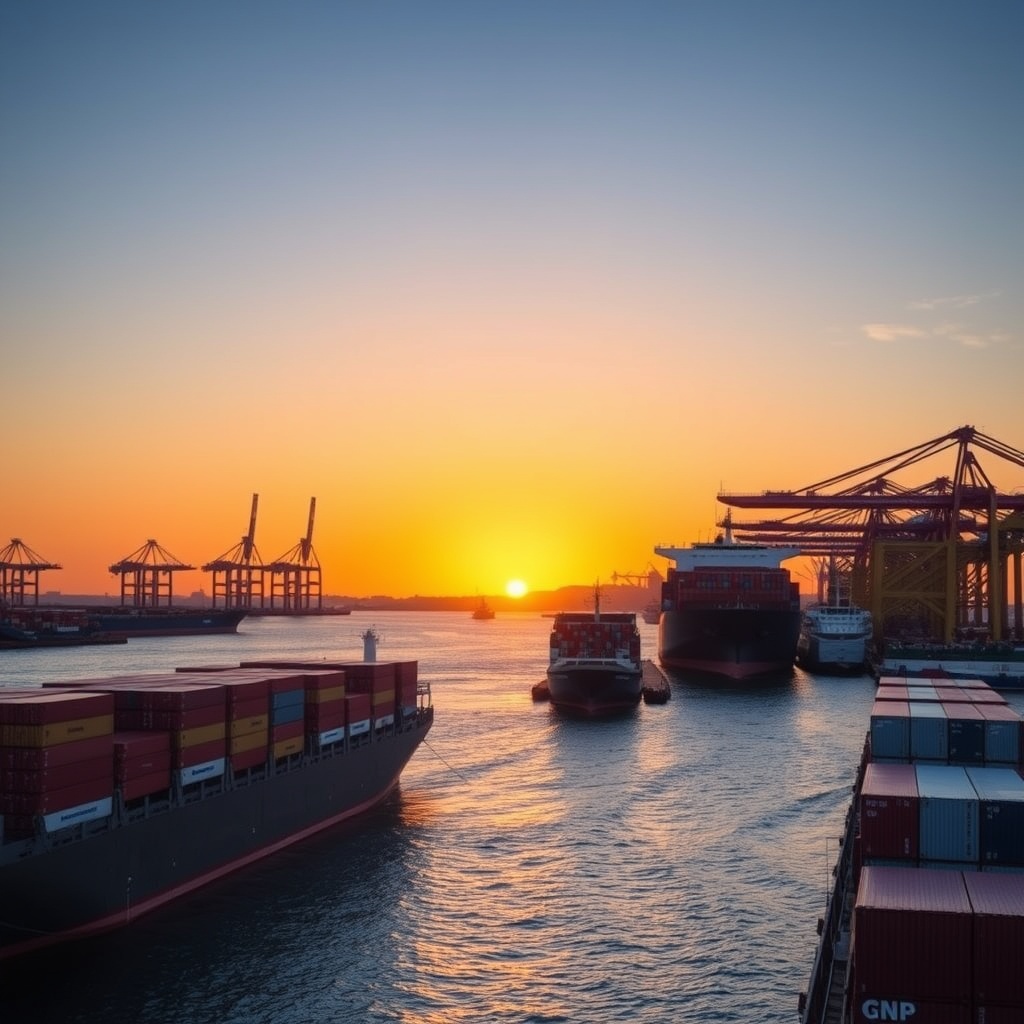 A professional stock photo of a European shipping port at sunset, with cargo ships docked and cranes in the background, symbolizing the integration of ESG in shipping finance.