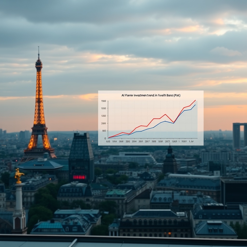 A financial analyst presenting a graph of investment trends in AI technology, with a backdrop of Parisian skyline, illustrating France's funding and financial support for AI.