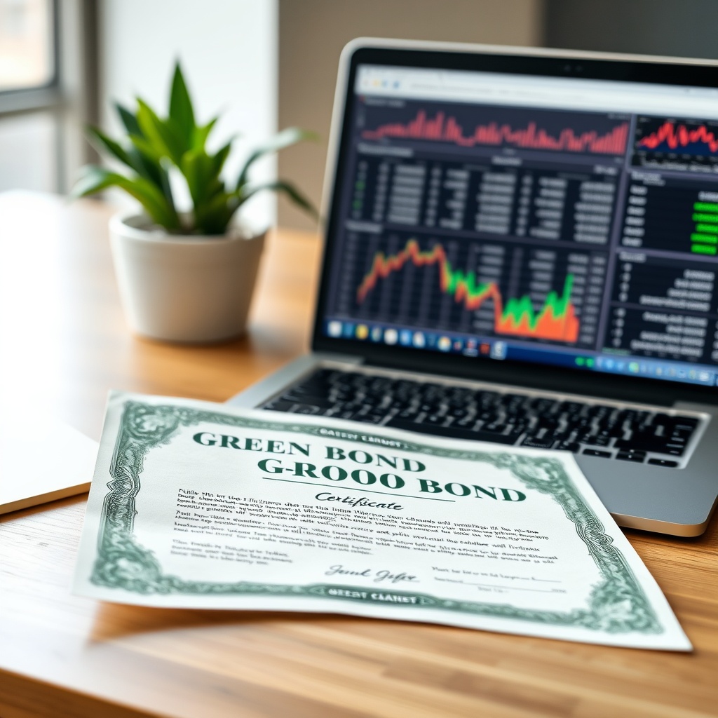 A high-quality image of a green bond certificate on a desk with a laptop displaying shipping finance data, representing sustainable investment in the shipping industry.