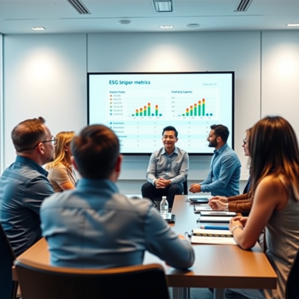 A professional photo of a diverse group of investors and shipping executives in a meeting room, discussing ESG metrics on a large screen, highlighting benchmarking and compliance.