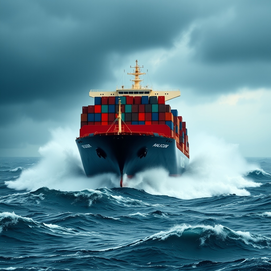 A high-quality stock photo depicting a stormy sea with a large cargo ship navigating through rough waves, symbolizing the risks associated with Maritime Asset-Backed Securities.