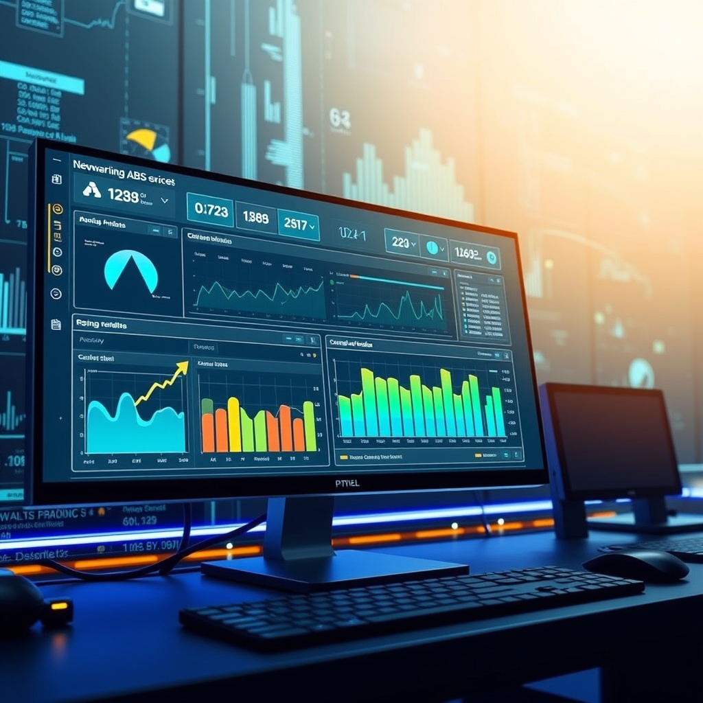 An image showing a futuristic digital dashboard with graphs and analytics tools on a computer screen, illustrating the tools and resources for Maritime ABS analysis.