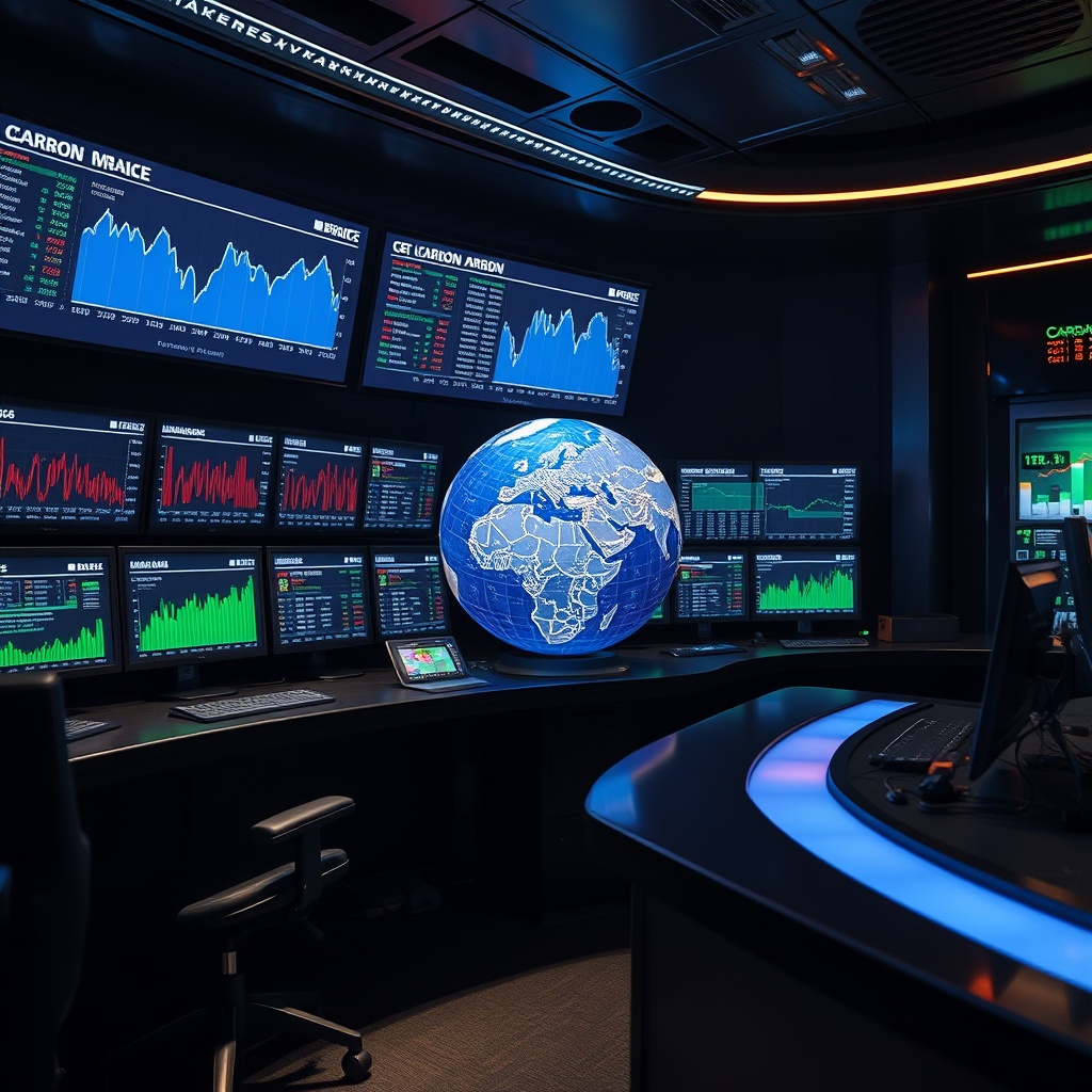 A futuristic carbon credit trading desk with digital screens displaying carbon market trends and a globe highlighting Northern Europe, emphasizing the future of carbon credit financing in shipping.