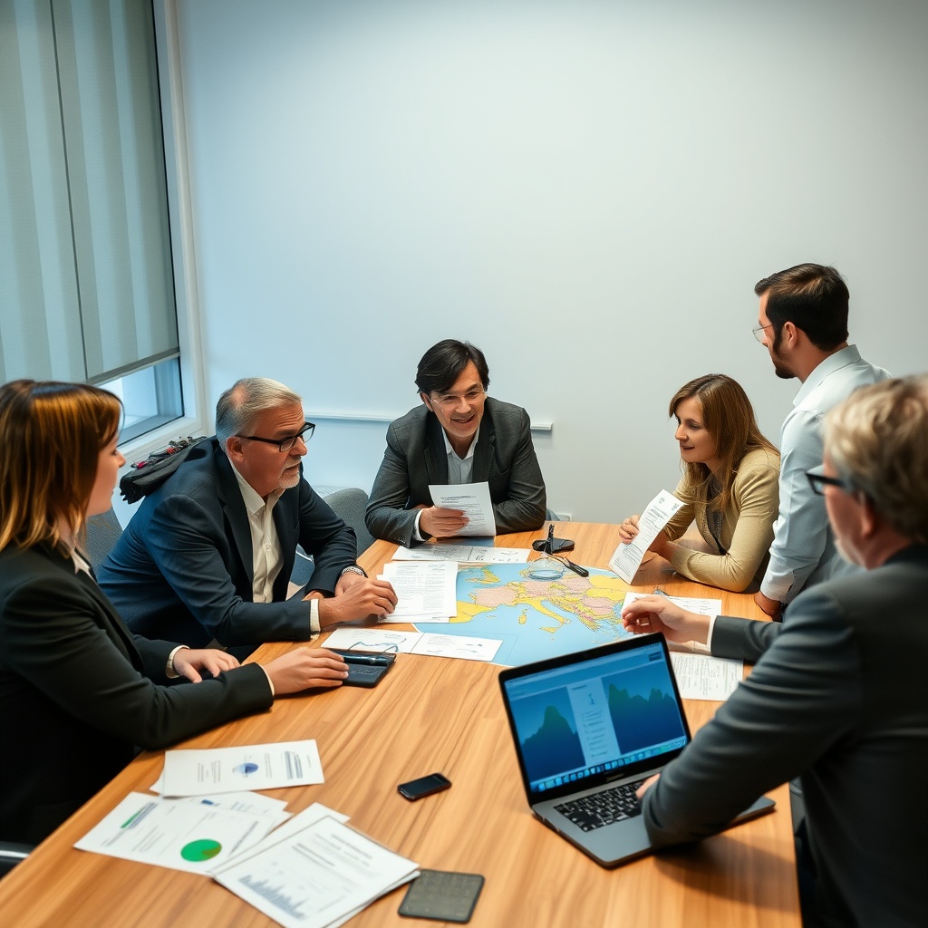 A diverse group of professionals discussing sustainable finance strategies around a table with ESG reports and a laptop showing shipping routes in Northern Europe.