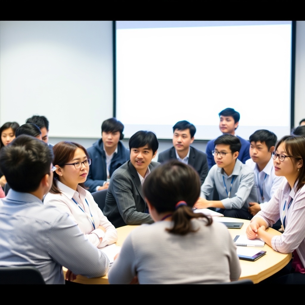 A diverse group of professionals engaged in a training session, highlighting Hong Kong's focus on education and workforce development in AI.