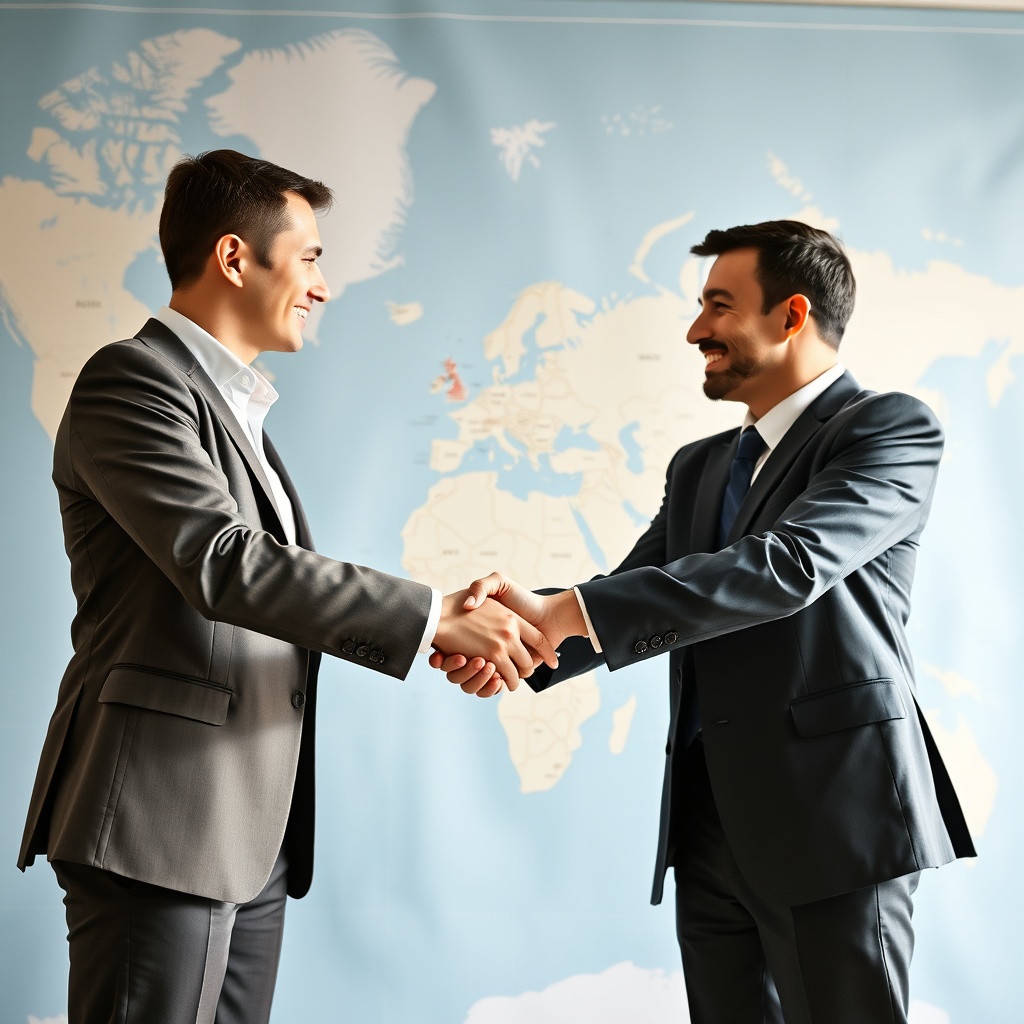 A professional stock photo of a handshake between two business professionals in front of a world map, symbolizing international agreements and cross-border transactions.