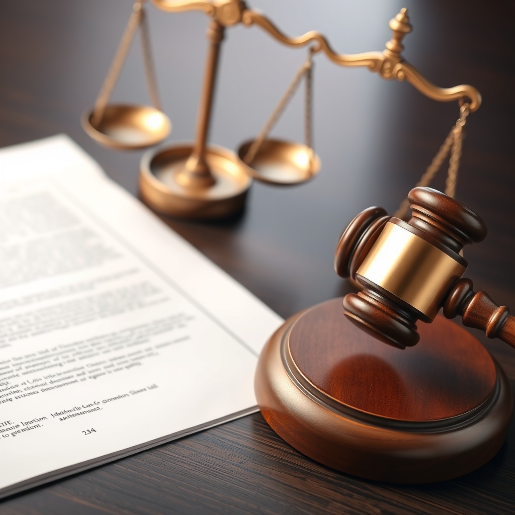 A high-quality image of a legal document with a gavel and scales of justice in the background, representing contractual agreements and legal considerations in shipping finance.