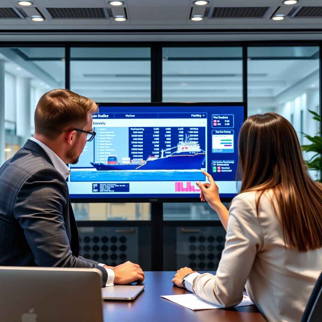 A professional stock photo of a team analyzing a successful business deal on a digital screen, highlighting case studies and successful transactions in shipping finance.