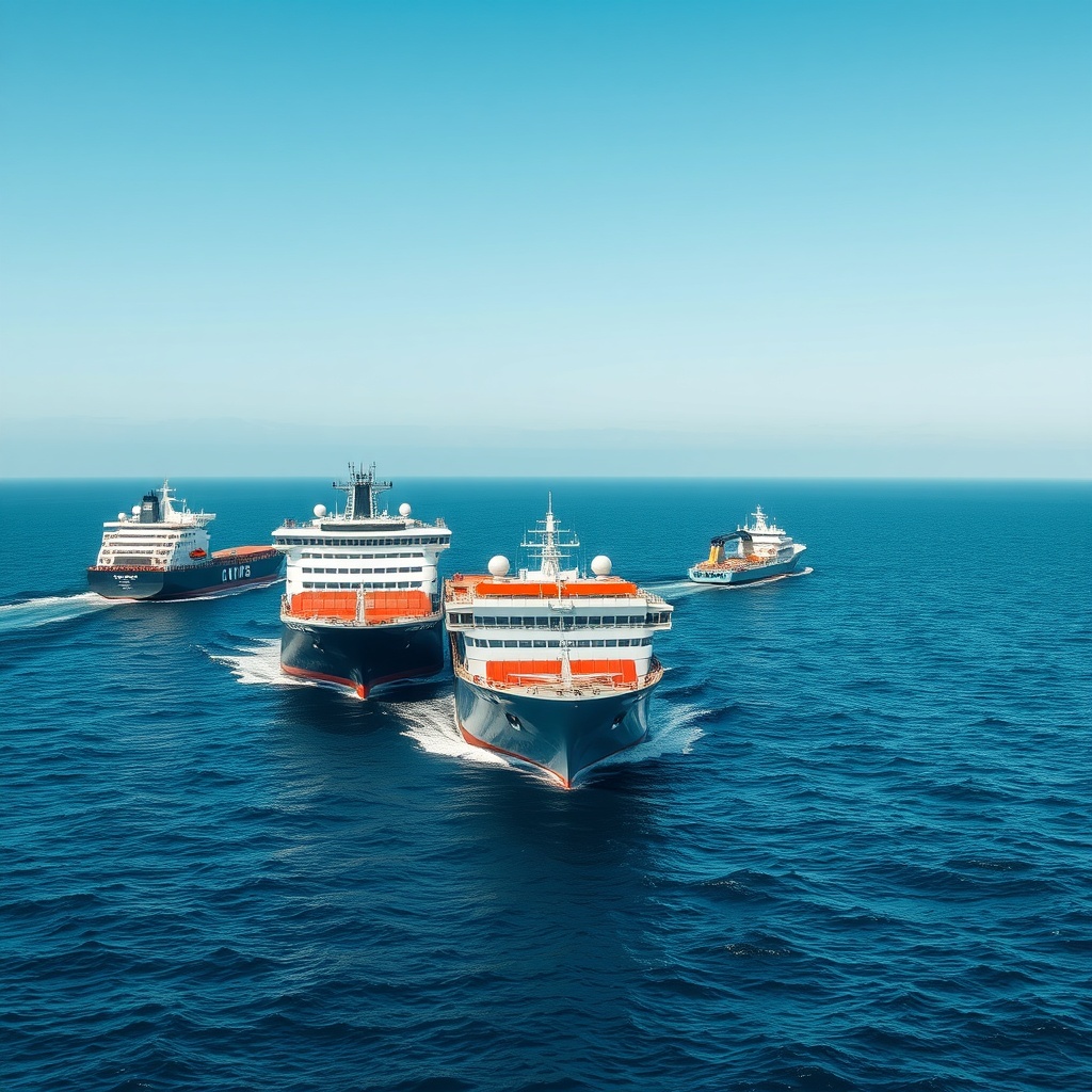 A modern shipping fleet at sea under a clear blue sky, symbolizing financial flexibility and access to advanced technology without heavy capital investment.
