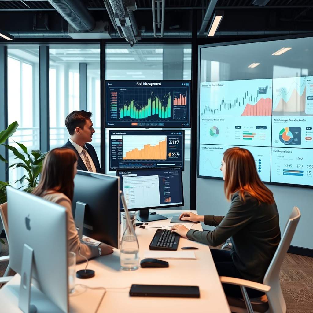 A professional stock photo depicting a team of financial analysts reviewing risk management strategies on digital screens in a modern office setting.