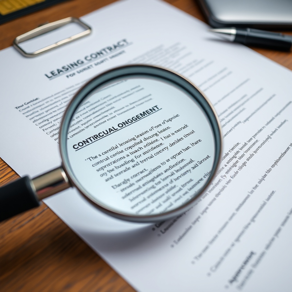 A detailed contract on a desk with a magnifying glass highlighting key terms, representing the importance of understanding contractual obligations in leasing agreements.