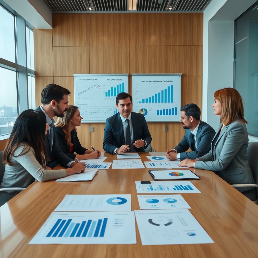 A team of professionals in a meeting room discussing risk management strategies with charts and graphs, illustrating best practices in leasing and charter financing.