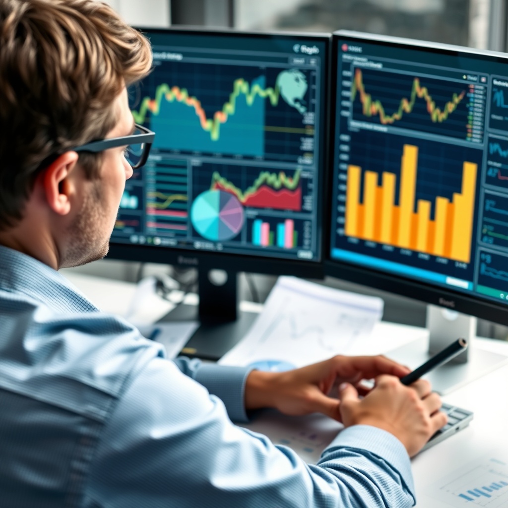 A professional stock photo depicting a financial analyst reviewing complex charts and graphs on a computer screen, symbolizing the use of financial instruments for risk mitigation in shipping finance.