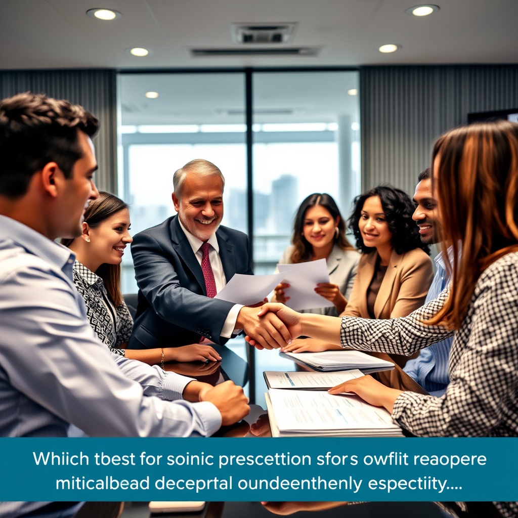 A high-quality stock image showing a group of diverse professionals in a meeting room, discussing documents and shaking hands, representing the importance of credit analysis and mitigating counterparty risk in shipping finance.