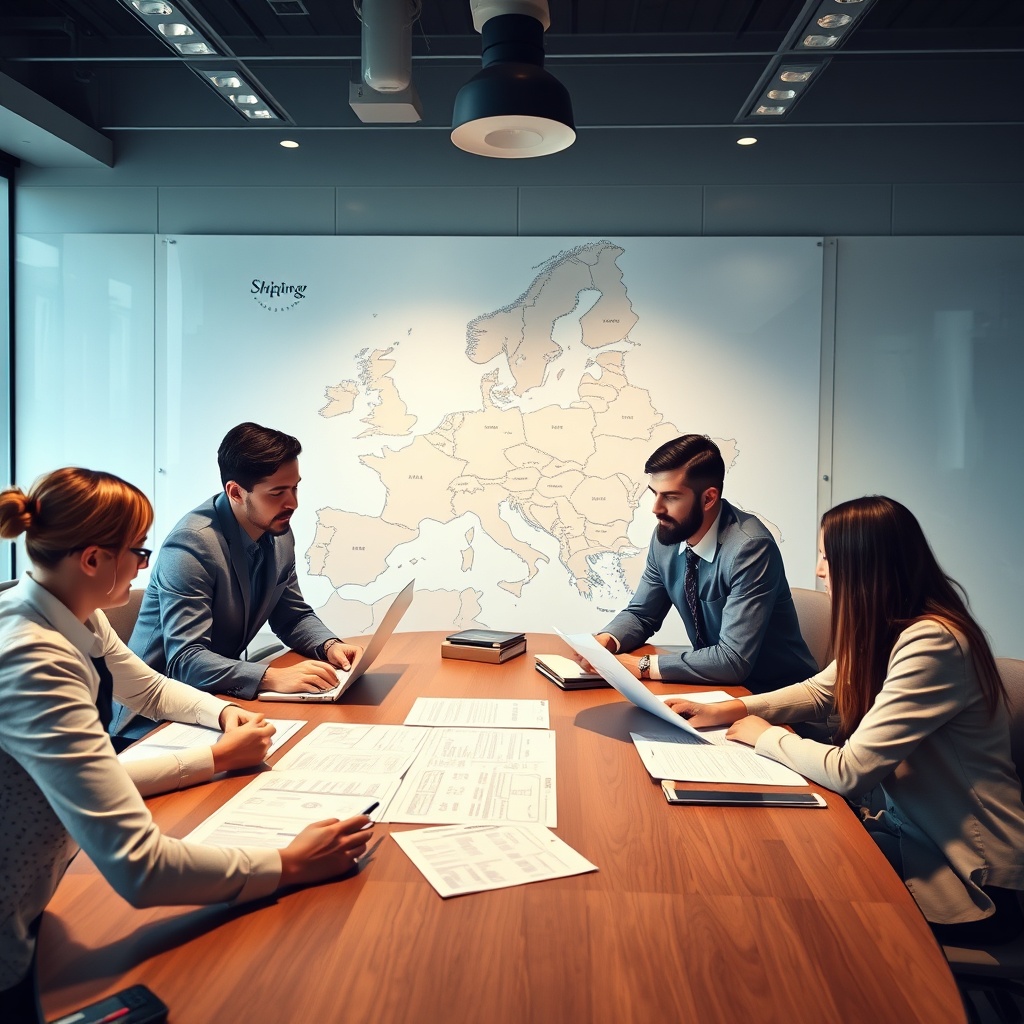 An engaging stock photo of a team analyzing case study documents on a large table, with a European map in the background, illustrating successful risk mitigation strategies in shipping finance.