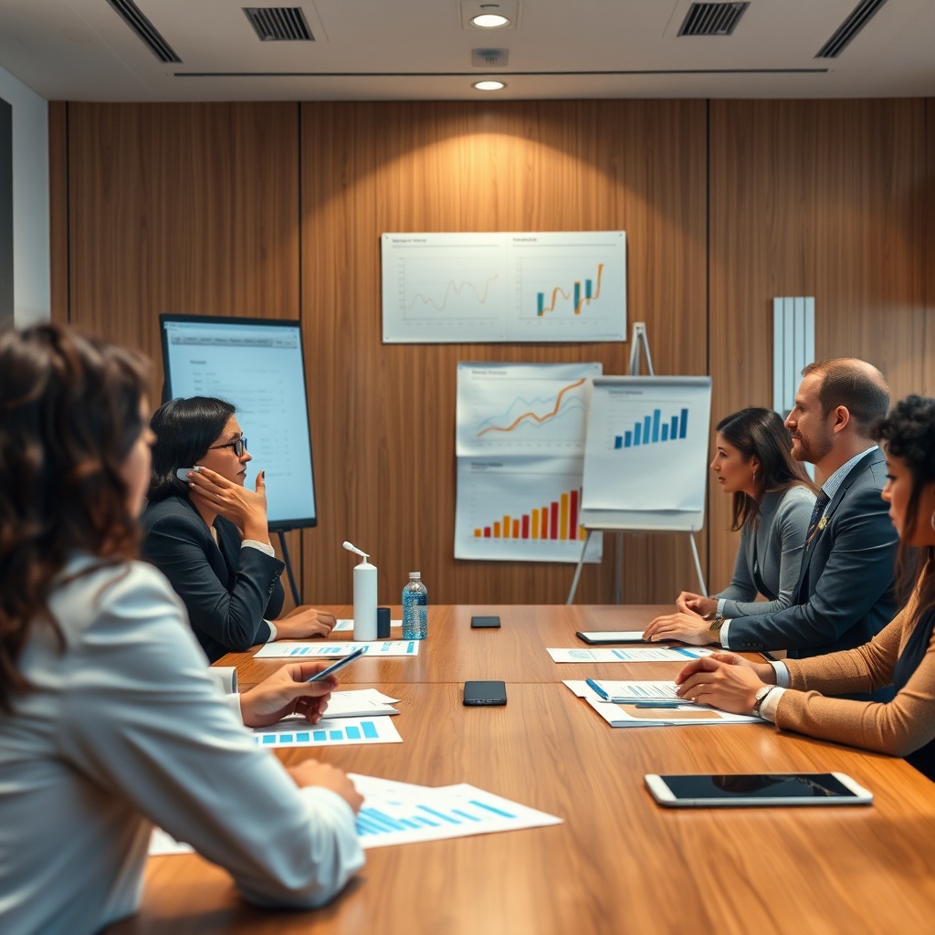 A high-quality stock image showing a diverse group of professionals in a boardroom discussing performance metrics and accountability measures with charts and graphs displayed.