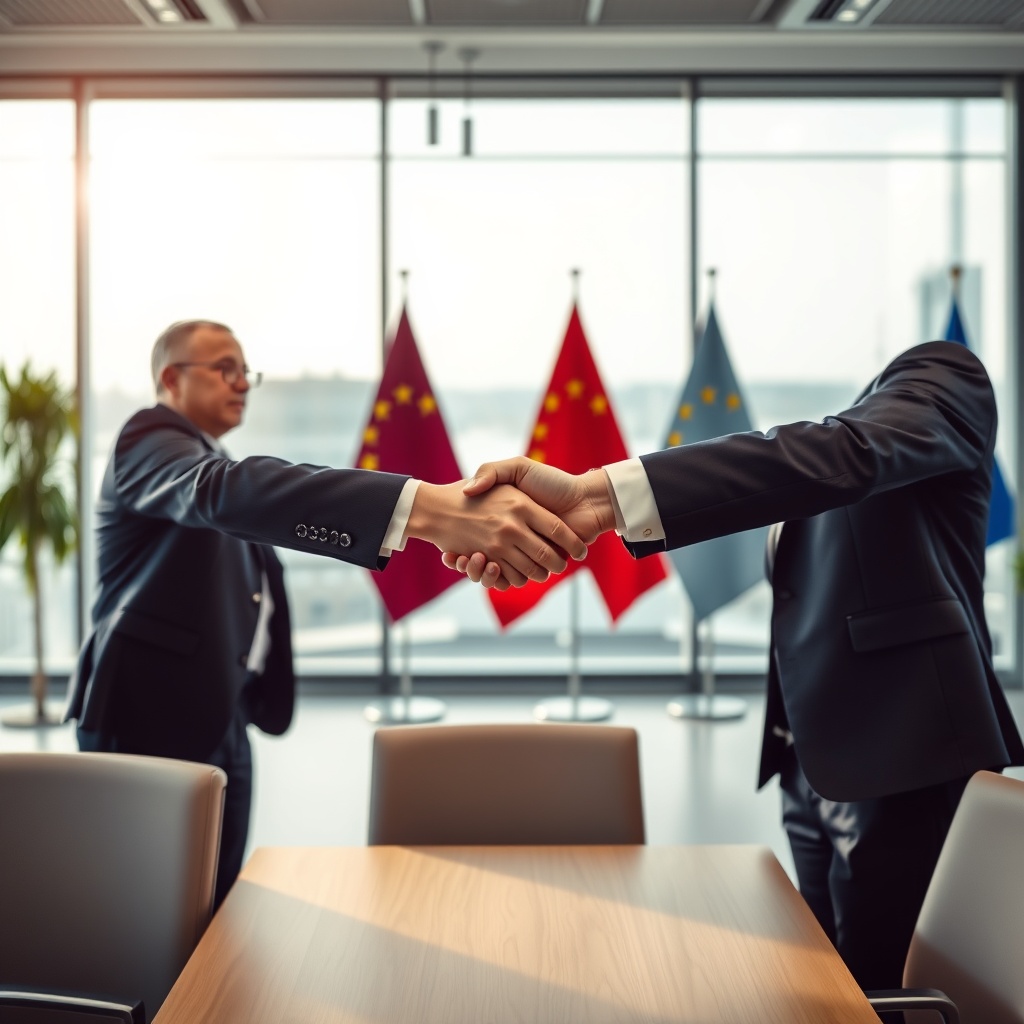 A professional stock photo depicting a handshake between two business professionals in a modern office setting, symbolizing the closing of a private equity deal in the shipping industry, with European flags subtly in the background.