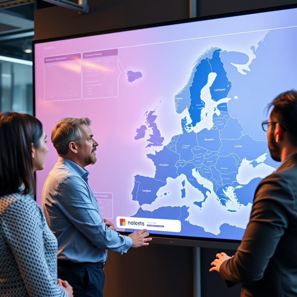 A high-quality stock image showing a group of diverse professionals analyzing a large, detailed map of European shipping routes on a digital screen, representing strategic planning and investment analysis in shipping finance.