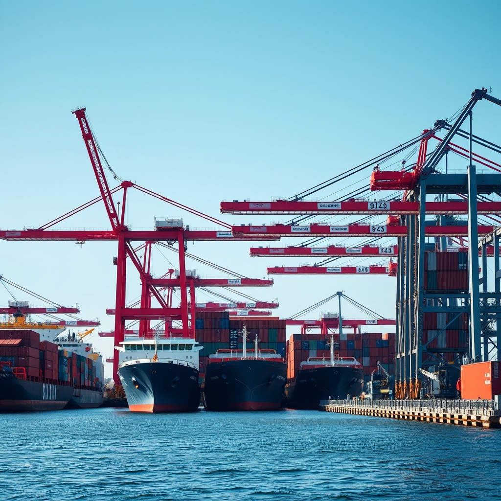 An engaging stock photo of a futuristic shipping container terminal with cranes and ships, highlighting innovative financial instruments and models in the European shipping finance sector, under a clear blue sky.