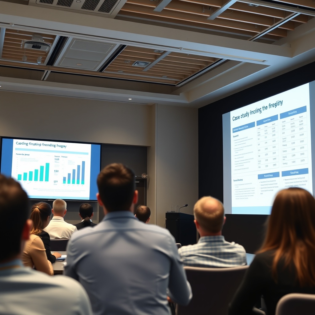 An engaging stock photo illustrating a financial expert presenting case study findings on a large screen to an attentive audience in a conference room.