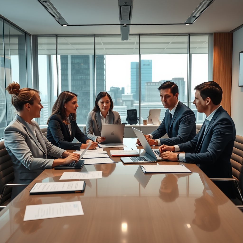 A professional stock photo depicting a meeting between regulatory officials and shipping finance professionals in a modern office setting, with documents and laptops on the table, symbolizing collaboration and compliance.