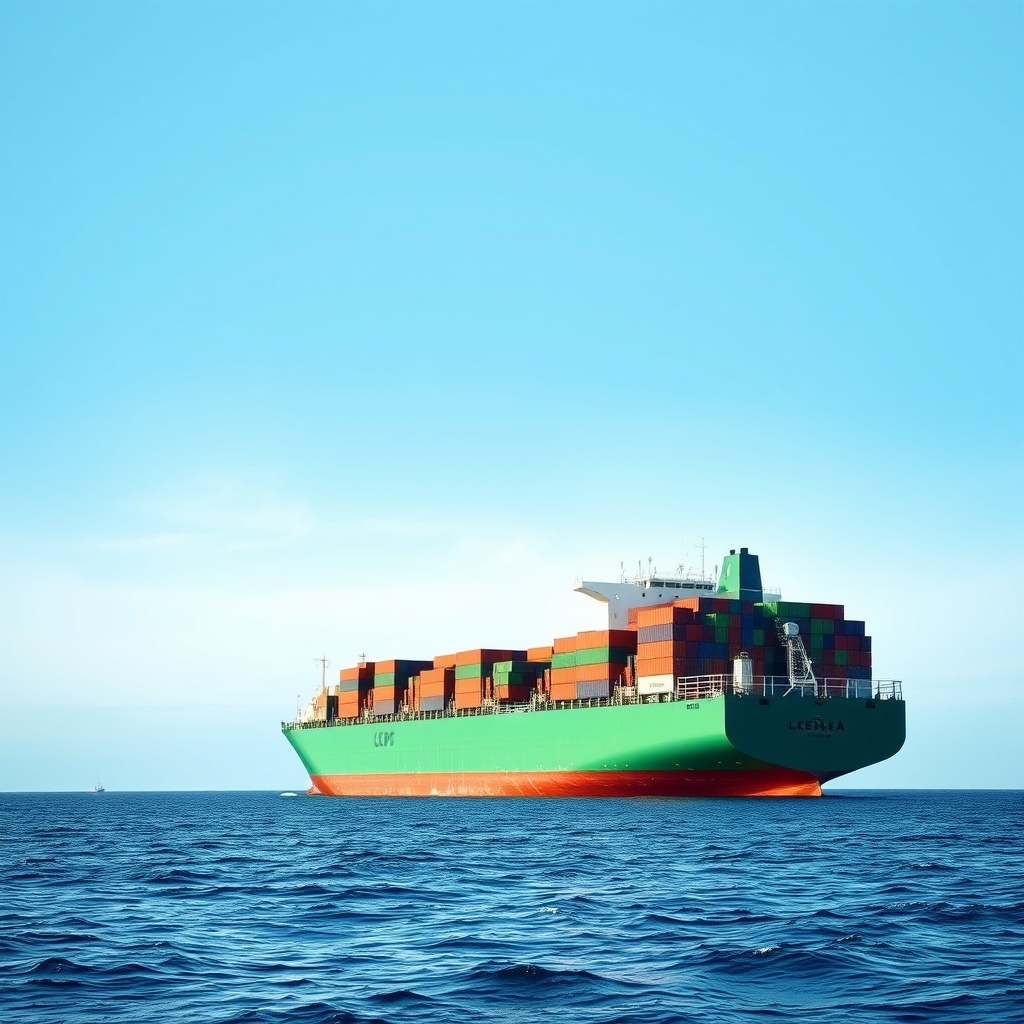 A high-quality stock image showing a cargo ship at sea with a clear blue sky, emphasizing environmental regulations and green shipping finance initiatives, without any text overlays.