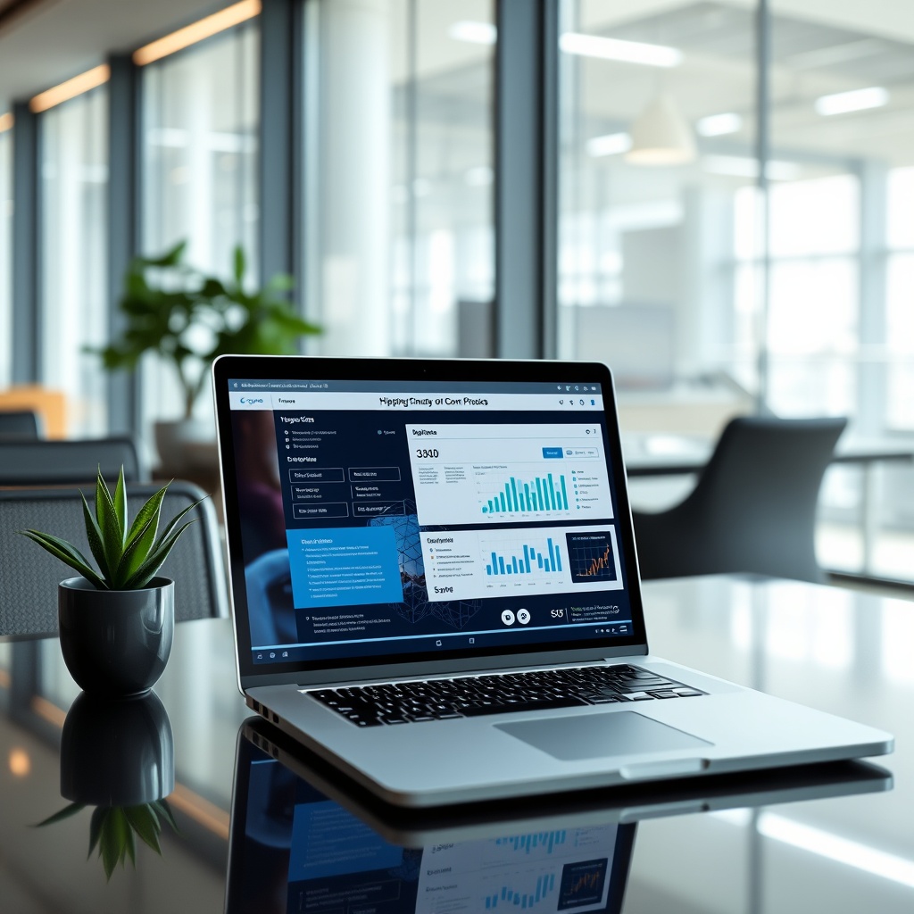 A professional stock photo illustrating digital technology in shipping finance, such as a laptop displaying blockchain technology or digital compliance tools, in a sleek, modern office environment.