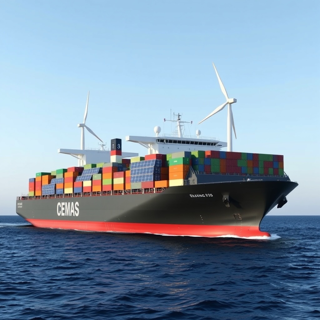 A modern cargo ship with solar panels and wind turbines, symbolizing sustainable shipping finance and ESG benefits in North America.