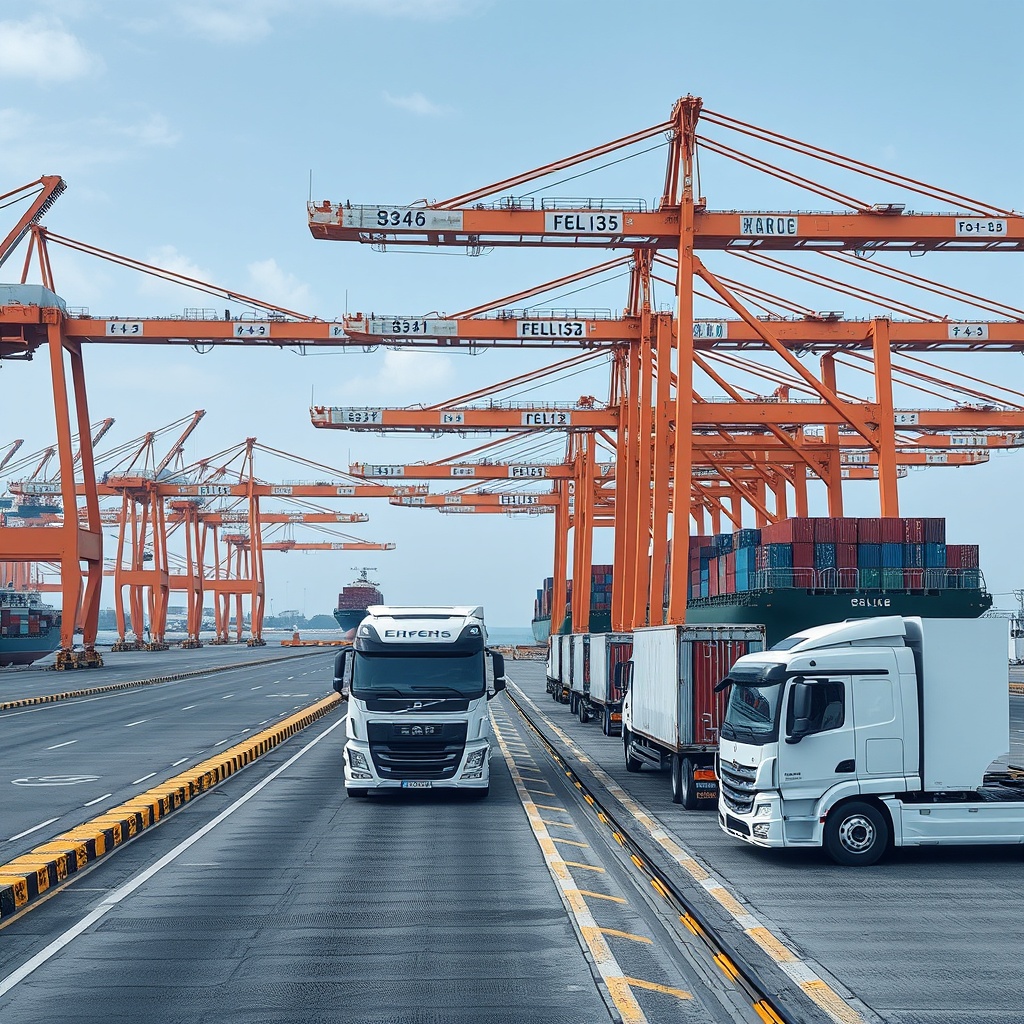 A futuristic shipping port with automated cranes and electric trucks, showcasing technology and innovation in sustainable shipping finance.