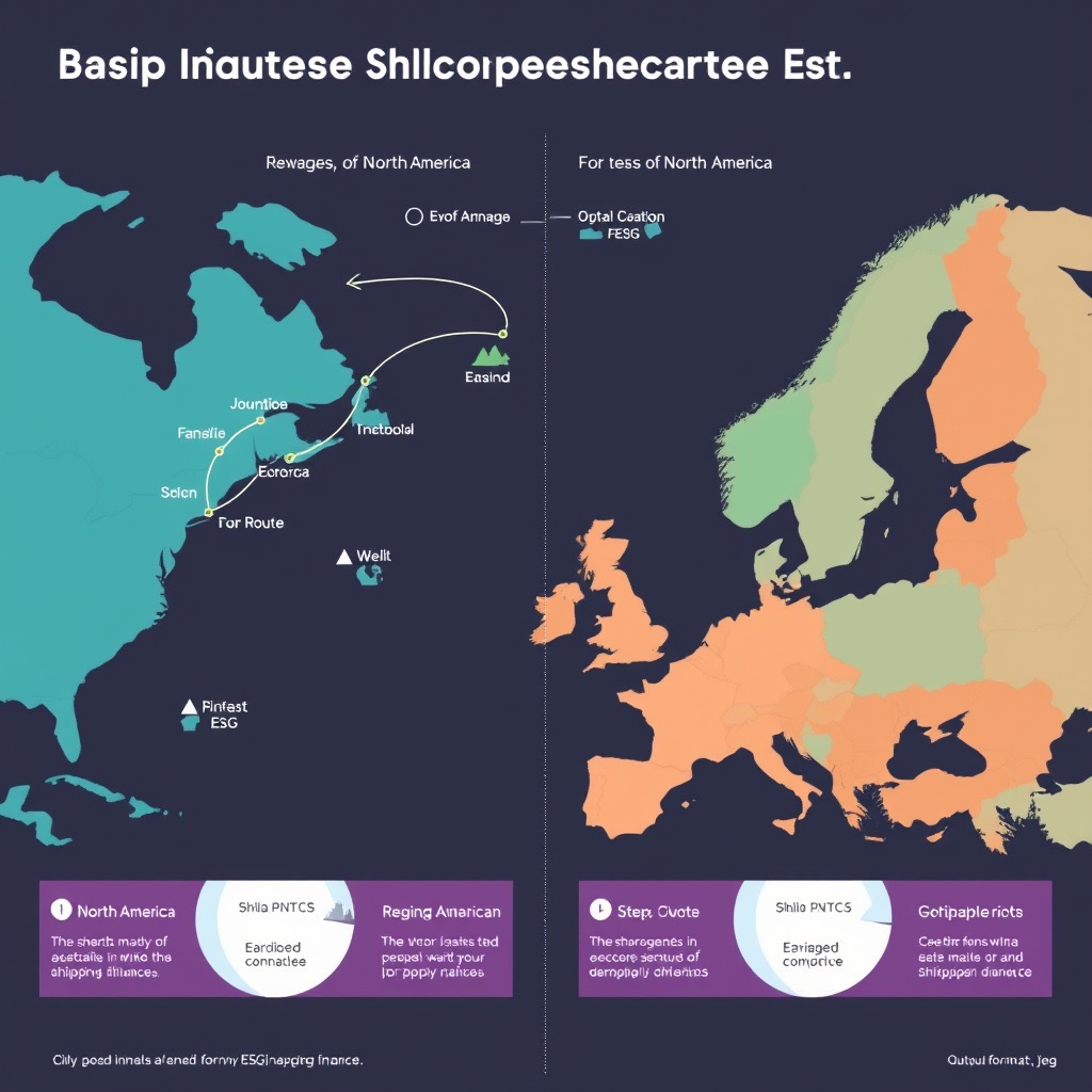 A comparative infographic-style image of shipping routes in North America and Europe, highlighting regional ESG approaches in shipping finance.