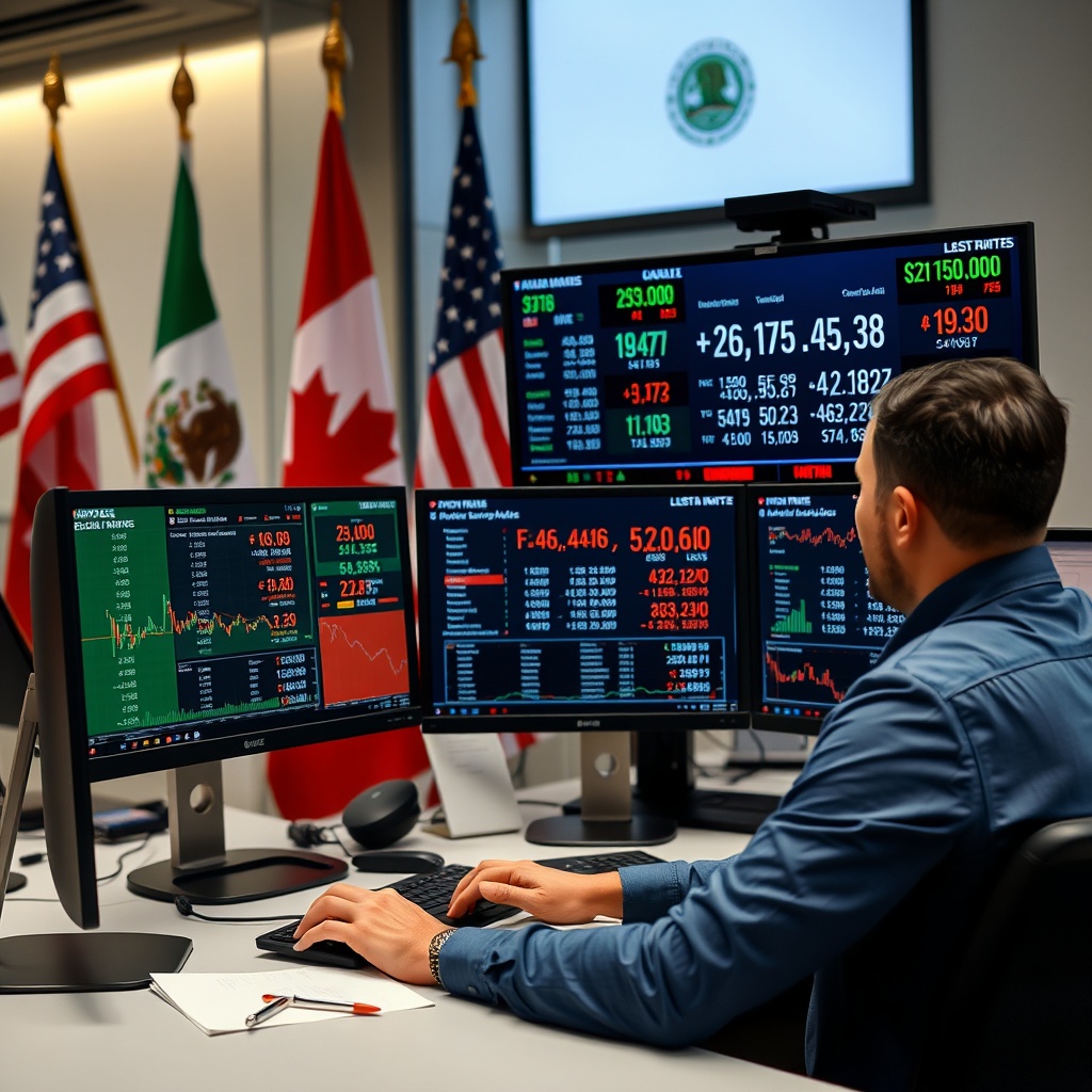 A professional image showing a financial analyst working on currency exchange rates on multiple screens, with flags of the US, Canada, and Mexico in the background, symbolizing cross-border finance transactions.