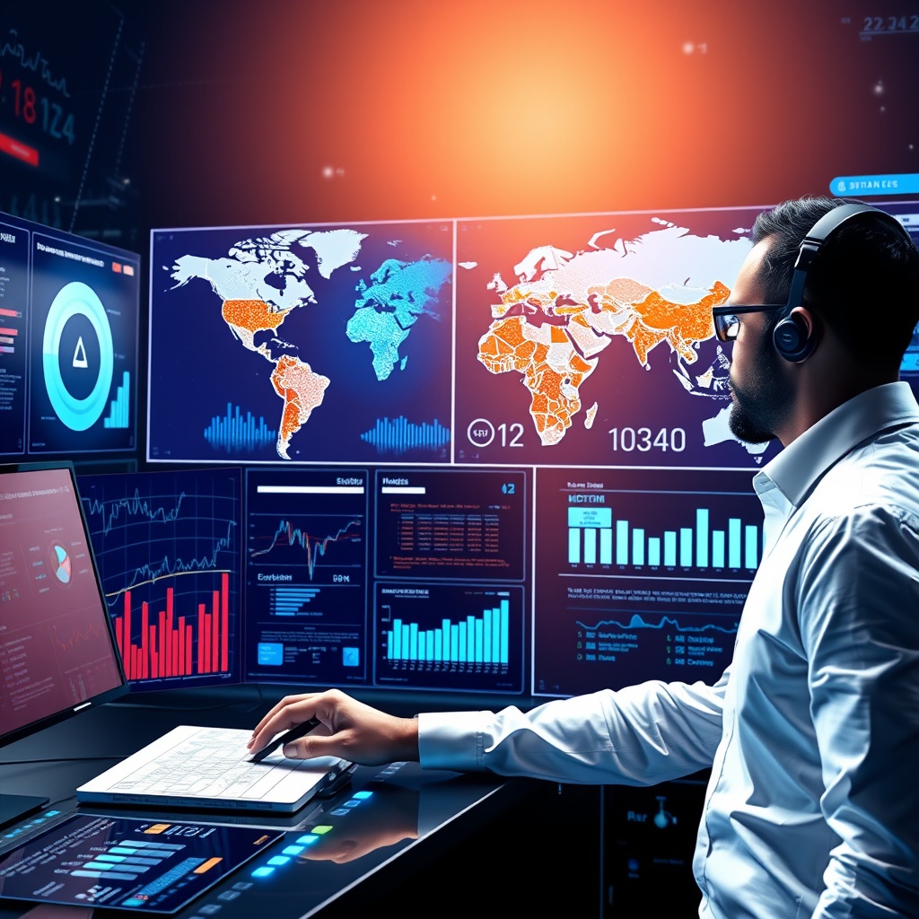 A visionary scene of a shipping finance executive analyzing emerging blockchain trends and future technologies on a high-tech dashboard, with a global map in the background.