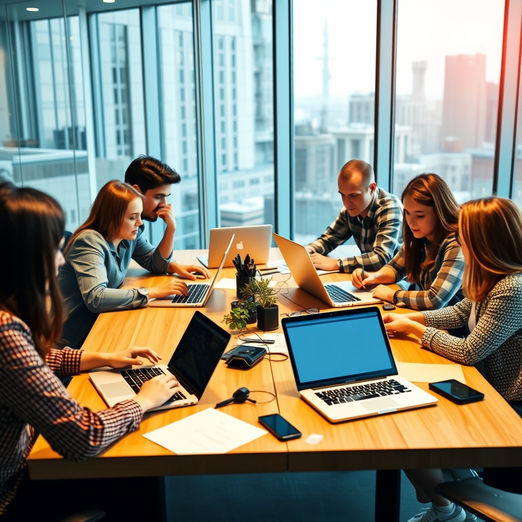 A dynamic team meeting in a corporate setting, showcasing leadership and collaboration in digital transformation, with laptops and digital tools on the table.