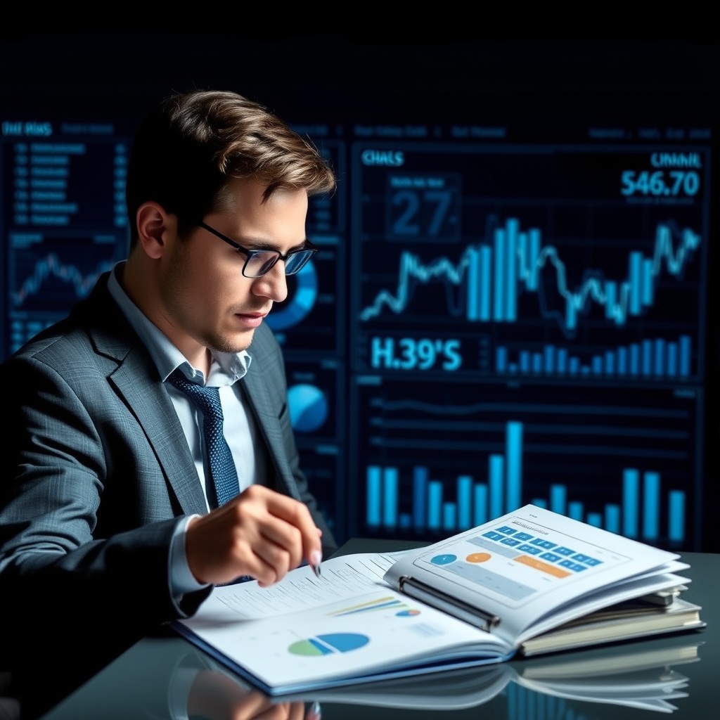 A professional image depicting a financial analyst assessing credit risk with charts and graphs in the background, symbolizing credit risk management strategies in shipping finance.
