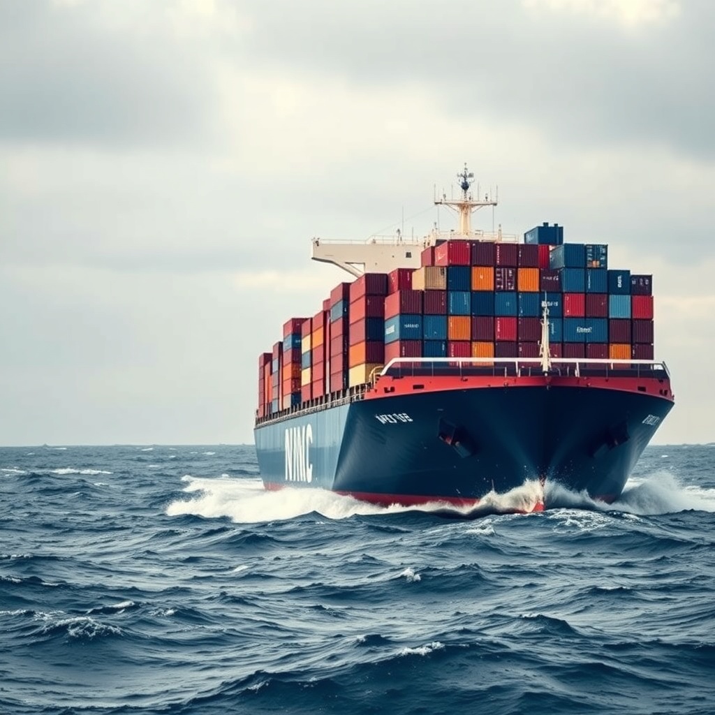 A high-quality stock photo showing a shipping container ship navigating through rough seas, representing market volatility and strategies to navigate fluctuations in shipping finance.