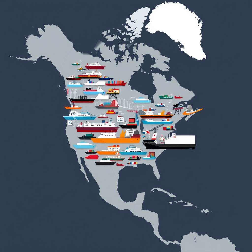 An image of a diverse portfolio of shipping assets spread across a map of North America, illustrating portfolio diversification strategies in shipping finance.