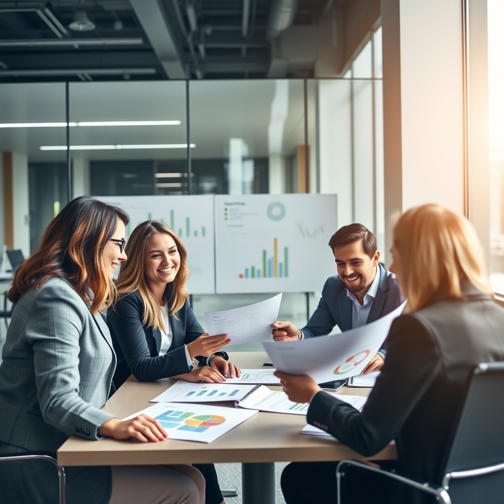 An inspiring stock photo of a successful business meeting in a modern office, showcasing a team reviewing documents and charts, symbolizing success stories of UK Limited Partnerships.