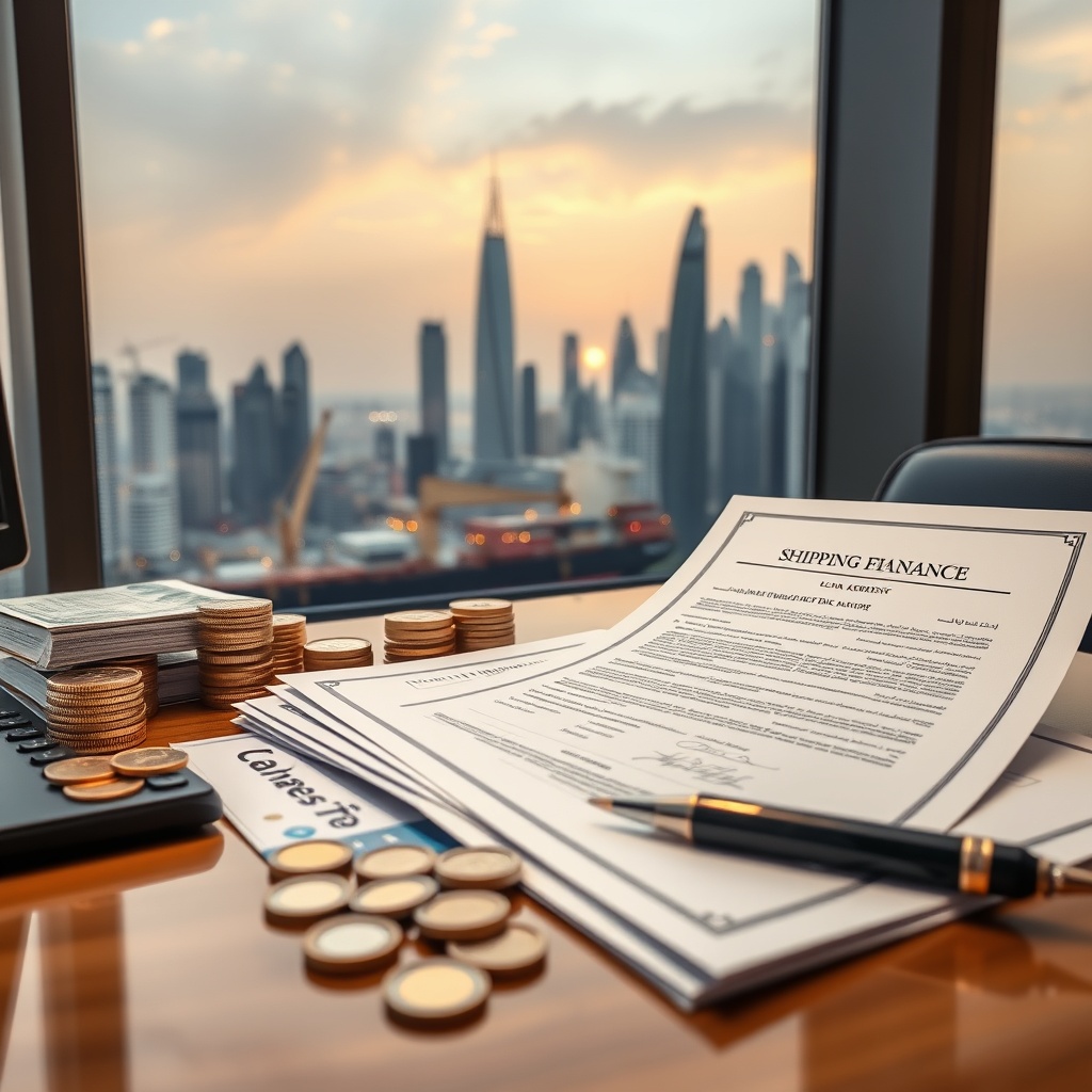 A professional stock photo depicting a variety of financial instruments such as bonds, sukuk, and loan agreements on a desk with a modern GCC city skyline in the background, symbolizing the diversity of shipping finance instruments in the GCC.