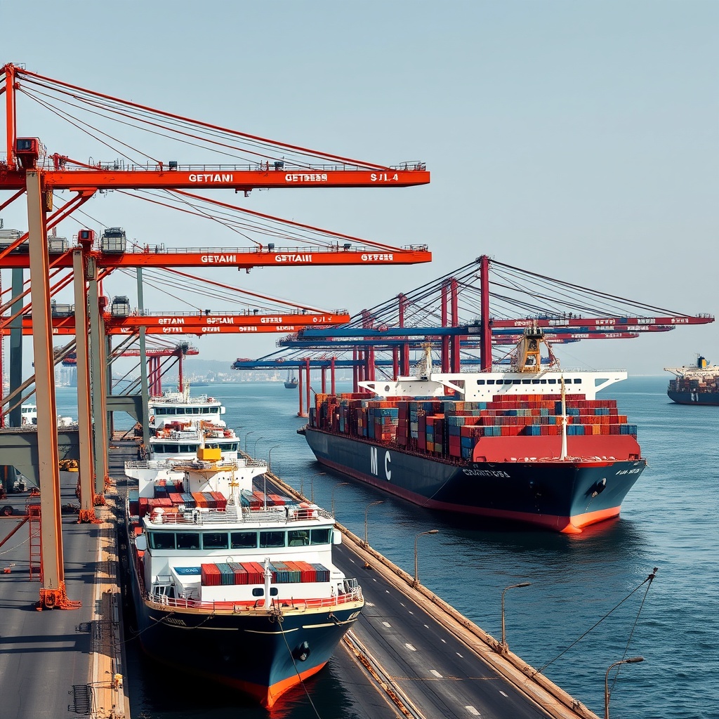 A high-quality stock image showing a bustling GCC port with cranes and ships in action, highlighting the importance of port development and infrastructure financing in the region's shipping finance sector.