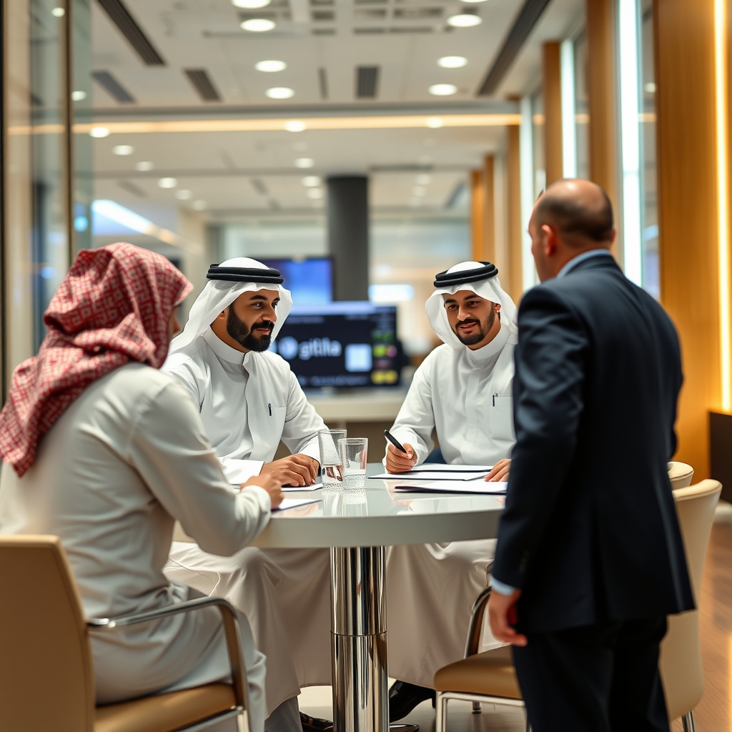 A professional stock photo featuring a meeting between bankers and shipping executives in a modern GCC financial institution, representing the pivotal role of banks and financial institutions in shipping finance.