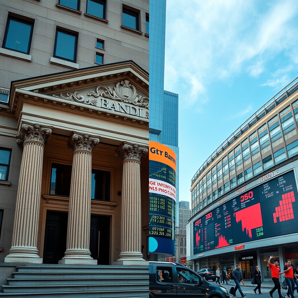 A professional stock photo depicting a comparison between bank lending and capital markets, featuring a split image of a traditional bank building on one side and a bustling stock exchange on the other, symbolizing the choice between financing options.