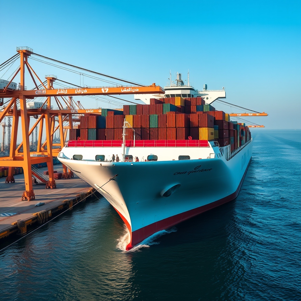 A modern cargo ship docking at a Middle Eastern port with containers being unloaded, showcasing the bustling activity of shipping finance investments by sovereign wealth funds.