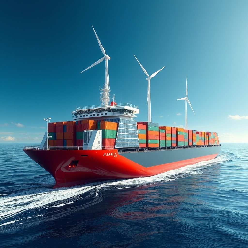 A futuristic cargo ship with solar panels and wind turbines, symbolizing the shift towards sustainable and green shipping initiatives in the Middle East.