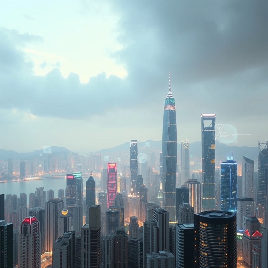 A futuristic cityscape with smart technology integrations, representing the challenges and future of AI in Hong Kong's urban development.